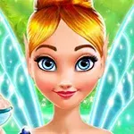 Víla s blonďatými vlasy, modrými křídly a mísou krému na zeleném pozadí