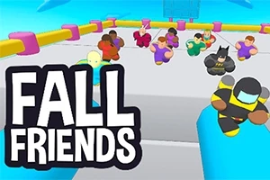 Karikaturistické postavičky v barevných kostýmech běží na herní plošině s nápisem FALL FRIENDS