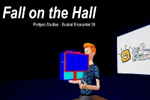Postava držící barevný objekt na tmavém pozadí s nápisem Fall on the Hall nahoře