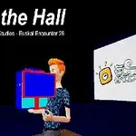 Postava držící barevný objekt na tmavém pozadí s nápisem Fall on the Hall nahoře