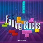 Barevné bloky padající na nápis Falling Blocks na fialovém a modrém pozadí