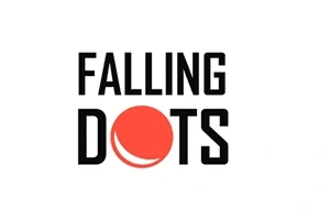 Text FALLING DOTS s červenou tečkou nahrazující písmeno O