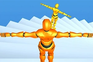 Dva oranžoví humanoidní roboti s rozpaženýma rukama stojí na bílém schodišti proti modré obloze