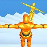 Dva oranžoví humanoidní roboti s rozpaženýma rukama stojí na bílém schodišti proti modré obloze