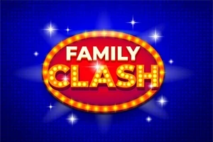Červený ovál s nápisem FAMILY CLASH obklopený světly na modrém pozadí s hvězdicovými záblesky