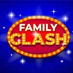Červený ovál s nápisem FAMILY CLASH obklopený světly na modrém pozadí s hvězdicovými záblesky