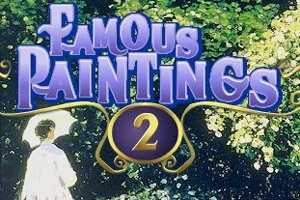 Název Famous Paintings 2 ve fialovém písmu na pozadí malby s postavou držící deštník a okolní zelení