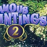 Název Famous Paintings 2 ve fialovém písmu na pozadí malby s postavou držící deštník a okolní zelení