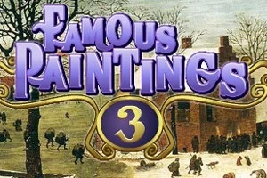 Na obrázku je název Famous Paintings 3 v fialových a zlatých barvách na pozadí zimní scény s lidmi a stromy