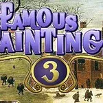Na obrázku je název Famous Paintings 3 v fialových a zlatých barvách na pozadí zimní scény s lidmi a stromy