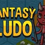Dva kreslení postavy, válečník a čert, stojí kolem textu Fantasy Ludo na barevném pozadí