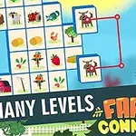 Herní obrazovka s mřížkou obrázků zvířat a rostlin, grafikou kohouta a nápisem Many Levels Farm Connect
