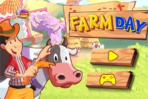 Ilustrace farmáře hladícího krávu vedle dřevěné cedule s nápisem Farm Day na venkovském pozadí
