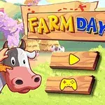Ilustrace farmáře hladícího krávu vedle dřevěné cedule s nápisem Farm Day na venkovském pozadí