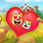 Srdce na farmě s emoji zvířátky, z nichž jedno má zaláskované oči a druhé pláče, umístěné před farmářskou budovou v pozadí