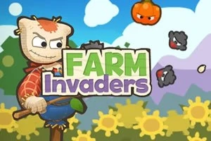 Strašák stojící na poli se slunečnicemi s létajícími dýněmi a mraky na modré obloze, s nápisem Farm Invaders uprostřed