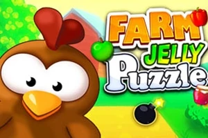 Kreslená slepice s velkýma očima na farmě před nápisem Farm Jelly Puzzle