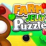 Kreslená slepice s velkýma očima na farmě před nápisem Farm Jelly Puzzle