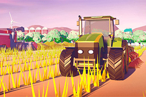 Traktor v animované krajině na poli s obilím, s větrnou turbínou a horami v pozadí