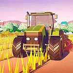 Traktor v animované krajině na poli s obilím, s větrnou turbínou a horami v pozadí
