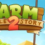 Barevné logo se dřevěným nápisem Farm Puzzle Story 2 na modrém pozadí s oblohou a mraky