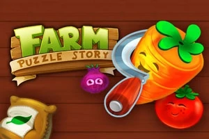 Barevná kreslená zelenina s usměvavými obličeji a textem Farm Puzzle Story na dřevěném pozadí