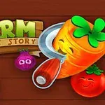 Barevná kreslená zelenina s usměvavými obličeji a textem Farm Puzzle Story na dřevěném pozadí