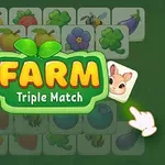 Grafika s nápisem Farm Triple Match, dvěma dlaždicemi s obrázky křečků a různými ovocnými a zeleninovými ikonami v pozadí