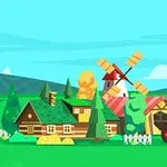 Kreslená farma s větrným mlýnem, červeným traktorem, dřevěným domem a stromky na louce