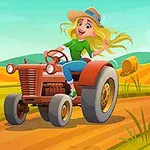 Blondýnka v klobouku řídí červený traktor po venkovské cestě s balíky sena na poli v pozadí