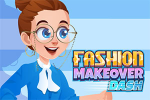 Usměvavá kreslená žena s velkými brýlemi a nápisem Fashion Makeover Dash