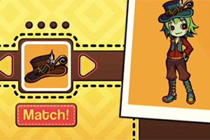 Postava v klobouku vedle obrázku klobouku na žlutém pozadí s tlačítkem Match!