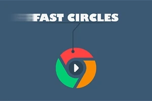 Text FAST CIRCLES nad barevným kruhem s ikonou přehrávání uprostřed na modrém pozadí