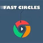 Text FAST CIRCLES nad barevným kruhem s ikonou přehrávání uprostřed na modrém pozadí