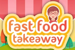 Nápis fast food takeaway s ilustrací osoby s brýlemi na barevném pozadí