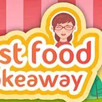 Nápis fast food takeaway s ilustrací osoby s brýlemi na barevném pozadí