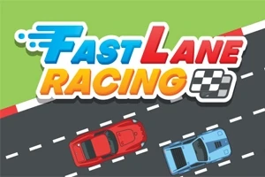 Ilustrace dvou závodních aut, červeného a modrého, jedoucích po silnici s nápisem Fast Lane Racing nahoře