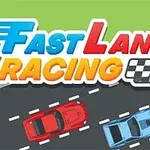 Ilustrace dvou závodních aut, červeného a modrého, jedoucích po silnici s nápisem Fast Lane Racing nahoře