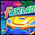 Žluté závodní auto s kulomety na modré trati, nad ním nápis FASTLANERS