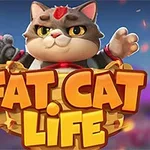 Tlustá šedá kočka s červeným detailem na čele sedící v dřevěném koši s nápisem Fat Cat Life