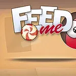 Název FEED me v bílém a červeném textu s červenou kulatou postavičkou a bonbónem na pozadí v odstínech béžové