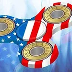 Fidget spinner s motivem americké vlajky a nápisy FREEPLAYNOW na kovových středových částech