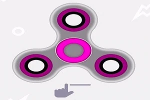 Fidget spinner s růžovými a černými detaily na šedém pozadí s ikonou ruky naznačující pohyb
