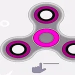 Fidget spinner s růžovými a černými detaily na šedém pozadí s ikonou ruky naznačující pohyb