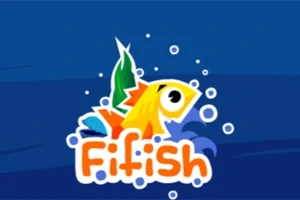 Barevná kreslená ryba s názvem Fifish obklopená bublinkami na modrém pozadí