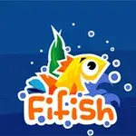 Barevná kreslená ryba s názvem Fifish obklopená bublinkami na modrém pozadí