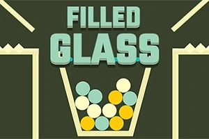 Nápis FILLED GLASS nad sklenicí plnou barevných kuliček na tmavém pozadí