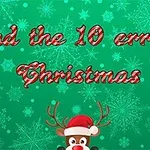 Na obrázku je text Find the 10 errors Christmas na zeleném pozadí s vločkami a obrázkem soba s červenou čepicí