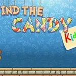 Barevný nápis Find the Candy Kids na modrém pozadí s kresbami hračkového medvídka a modrého plyšáka