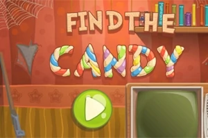 Nápis Find the Candy z barevných písmen na červeném pozadí s pavoučími sítěmi, knihami a zeleným tlačítkem pro spuštění